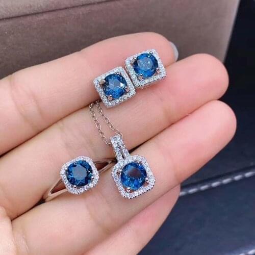 Natural London Blue Topaz Jewelry Sets for Women Party Necklace Earrings and Ring Fine Jewelry Real Blue gemstones Gifts S925
