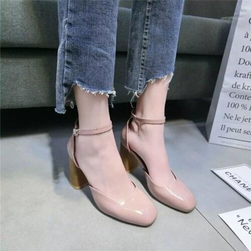 Women Heel High Shoes Pumps Square Ladies Platform Round Toe T-tied Square Heel Wedding Dress Shoes zapatos de mujer U22-23