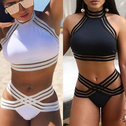 Women Push-up Padded high neck black white Bra sexy Bikini high waist Swimsuit Triangle Swimwear Bathing bikinis women monokini