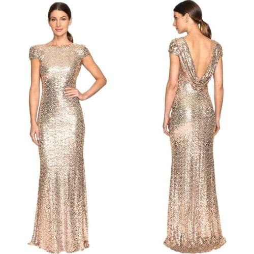 Women Full Sequined Dress Slim U-shaped Backless Sexy Evening Trumpet /Mermaid Gold Floor-Length Party Clothing