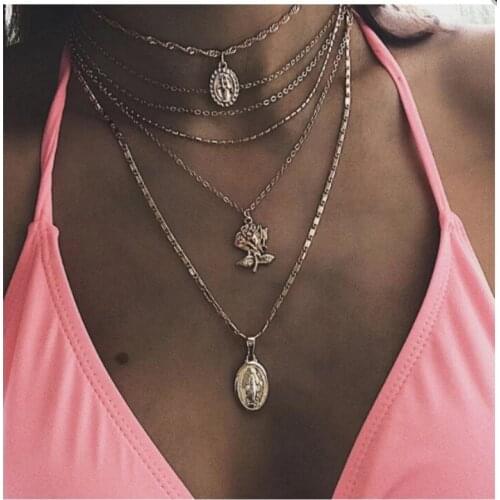 Vintage Gold Chain Multilayer Flower Coin Pendant Necklaces for Women Bohemian Summer Beach Choker Necklaces Party Jewelry Gift