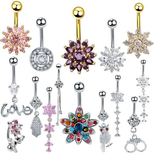 H-S 1PC Steel Crystal Gem Belly Button Rings Piercing Nombril Dangle Navel Piercing Ombligo Sexy Body Jewelry Mixed 15 Styles