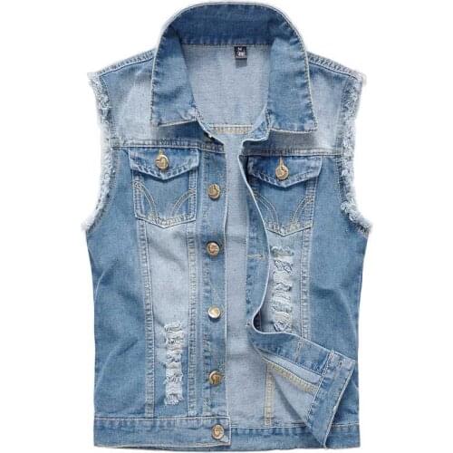 New Fashion Korean Style Slim Trend Mens Denim Vest Light Blue Waistcoat Ripped Vest Streetwear Plus Size S-6XL Male Clothing
