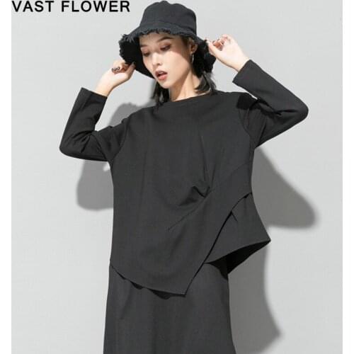 Irregular Patchwork Black Tshirt Women New Loose Casual O-Neck Long Sleeve T-Shirt Femme Tops Clothes Fashion Spring Autumn 2021