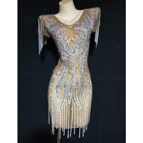 Sparkling Tassel Rhinestone Perspective Party Dress Women Stretch Mesh Birthday Celebrate Dress Fringes Latin Dance Short Dress