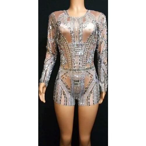 Sparkly Silver Rhinestone Rompers Women Jumpsuit Evening Party Night Club Crystal Outfit Female Singer Performance Dance Costume