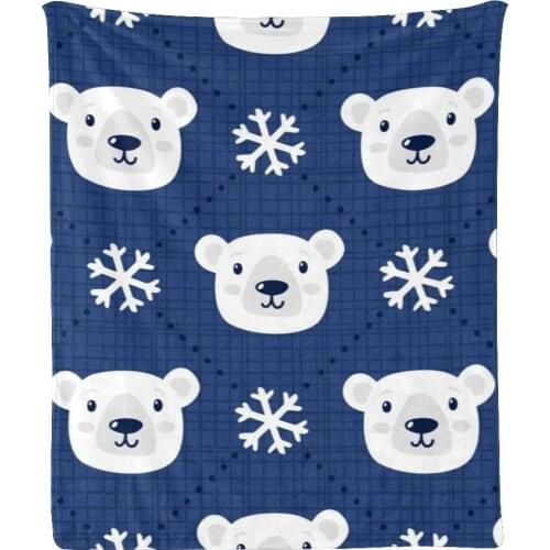 Personalized Kids Fleece Blanket Custom Cute Polar Bears Winter Blue Baby Throw Blanket for Bed 150X220cm