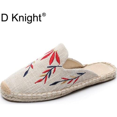2021 Summer Women Half Slippers Embroidery Maple Leaf Cats Slide Flat Bottom Hemp Rope Weaving Fisherman Shoes Women Espadrilles