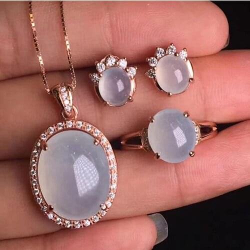 Natural Jade Three pieces set necklace earring ring ice species Jade egg noodles s925 silver inlaid with womens money