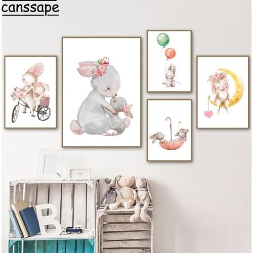 Baby Rabbit Canvas Painting Animal Print Pink Balloon Flower Poster Cartoon Bunny Posters Nursery Wall Art Pictures Baby Room