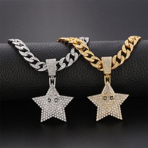 Cartoon Star Pendant Necklace Bling Cubic Zircon Mens Hip Hop Jewelry Five-pointed Star Pendant Necklaces