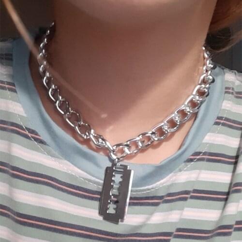 Unisex Silver Color Unique Razor Blade Shaped Pendant Necklaces Hip Hop Tag Necklace Brand New Pendants Jewelry