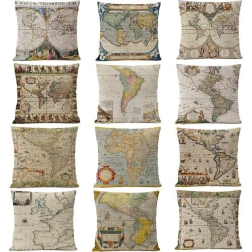 Retro Ancient World Map Pillow Cover Cushion Cover Home Decorative Pillows Linen PillowCase Office Sofa Cushion Cover