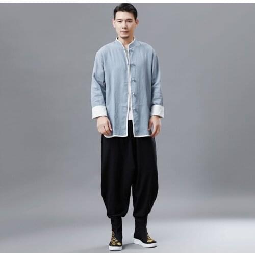 Mandarin Collar Tradtional Chinese Clothing For Men Jacket Kung Fu Tops Retro Blouse Chinese Shirt Style Tai Chi Uniform KK3250