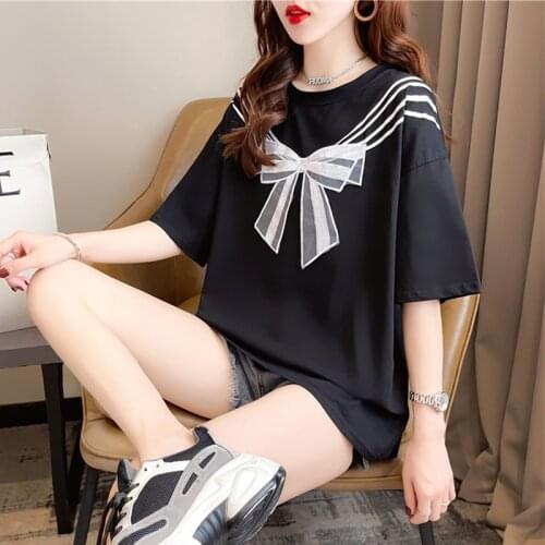 #0152 Black White Short Sleeves Womens Clothing T-shirt Women Casual Loose Bow Print Korean Style Top Female Cute Sweet Clothes
