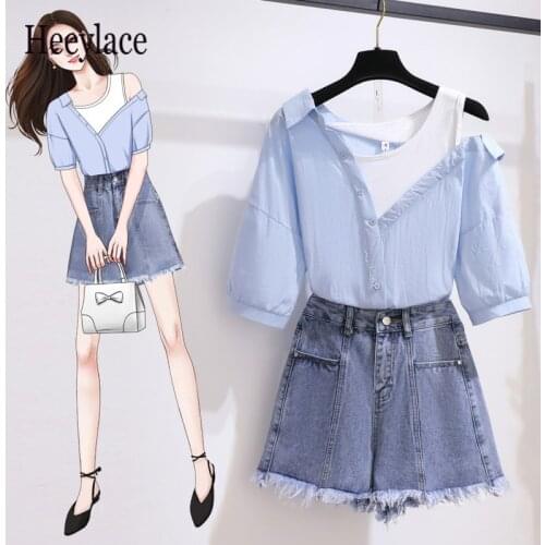 2 pieces shorts sets summer Sweet Korean off shoulder tops and denim shorts 2 pieces sets women clothing two pieces outfits