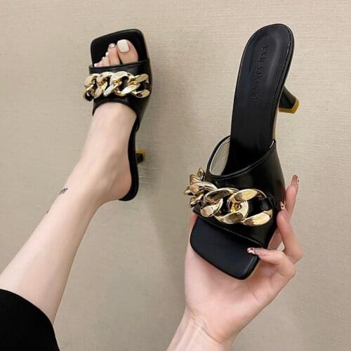2021 Summer Womens Slippers Women Sandals 6cm Heels Shoes Female Golden Metal Chain Ladies Slipper Fashion Casual Slides Mules