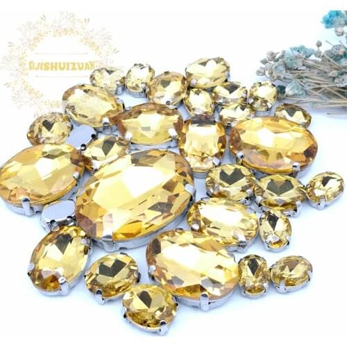 5 SIZES 30PCS Free shipping! Golden yellow oval shape Glass Crystal sew on rhinestones with calw Diy wedding decoration