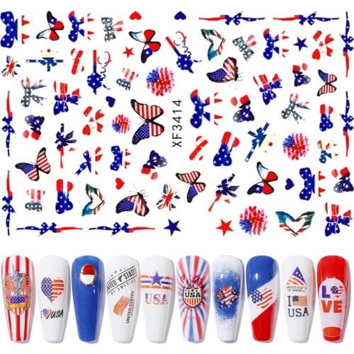 3D Nail Art Stickers American Independence Day Stars Flag Statue of Liberty Letter Applique Heart Shaped Flame Nail Accessories