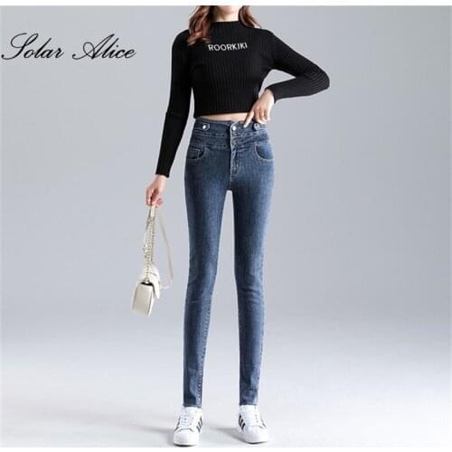 Free shipping 2020 womens autumn and winter new high-waisted small-footed jeans three-row button stretch slim casual pants