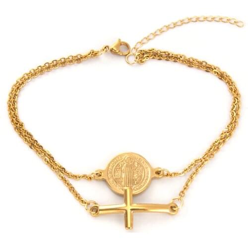 San Benito double layers Saint Benedict Cross charm golden Bracelet Women jewelry Rolo chain Stainless steel female bracelets