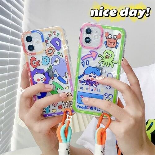 3D Anime Graffiti ins Phone Case for Apple iphone6 7 8 PLUS Clear cover for iphone11 xs xr 12pro max Color Lanyard men women