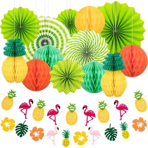 15Pcs/Set Summer Party Decoration Hanging Paper Fans Pineapple and Flamingo Flower Garland Banner for Hawaiian Beach Decoration