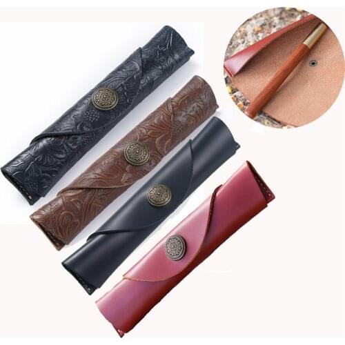 40 PCS Vintage Handmade Leather Single Pencil Case Holder Cowhide Fountain Pen Sleeve Roll Wrap Bag Storage Pouch Wholesale K1