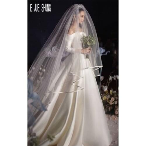 E JUE SHUNG White Ivory Two Layer Bridal Veil Ribbon Edge Long Wedding Veils For Bride Wedding Accessories Veu De Noiva