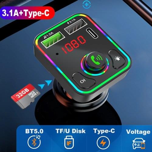 2021 Updated Ambient Light Bluetooth 5.0 FM Transmitter Car MP3 Player Wireless Handsfree Audio Receiver TF U Disk play Type-c