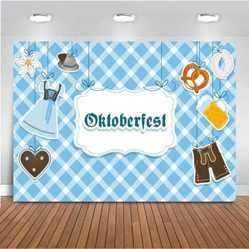 Happy Oktoberfest Photography Backdrops Blue White Criss Cross Cloth Hat Jean Decoration Beers Drink Party Photo Backgrounds