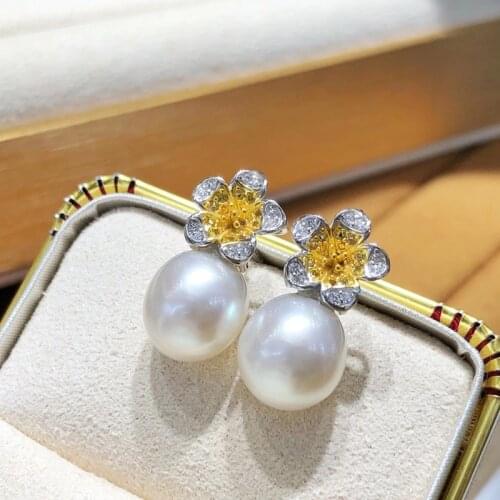 HENGSHENG New Arrival 9-10mm Natural-Ocean Pearls Stud Earrings Elegant 925 Sterling Silver Sunflower Earrings Trendy Girl Gift