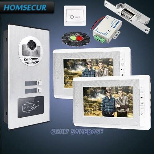 HOMSECUR 7" Multi Apartment Video&Audio Door Entry Kit+LCD Color Screen+Power Supply+Exit Button+Strike Lock for House/Flat