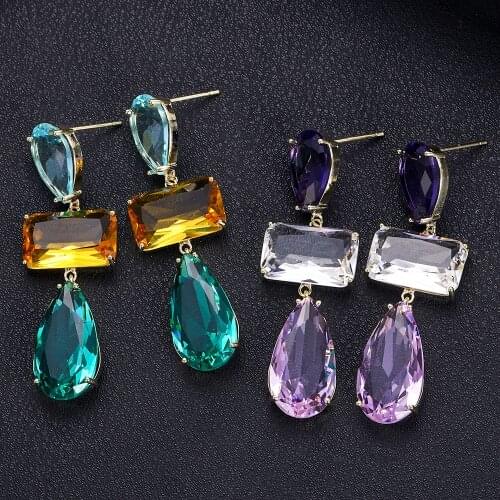 Jankelly waterdrop Multicolor Full Mirco Pink Cubic Zirconia Setting European brincos Wedding Hoop Earring Ring Jewelry Set