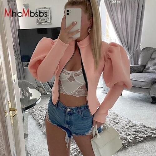 Women O Neck Zip Puff Sleeve Jacket Vintage Elegant Fairy Core Slim Coat 2021 Autumn Korean Fashion Party Retro Punk Streetwear