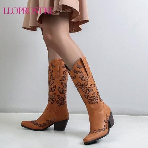 Lloprost ke 2021 Autumn Women Shoes Knee High Cowboy Boots Ethnic Bowtie Embroidery Chunky Heel Winter Riding Equestrian Boots
