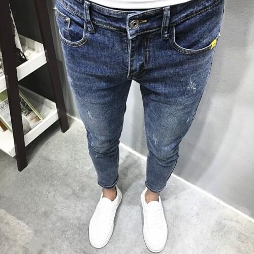 Fashion Social spirit guy personality all-match ankle length jeans trendy mens trendy brand slim feet pencil pants tights