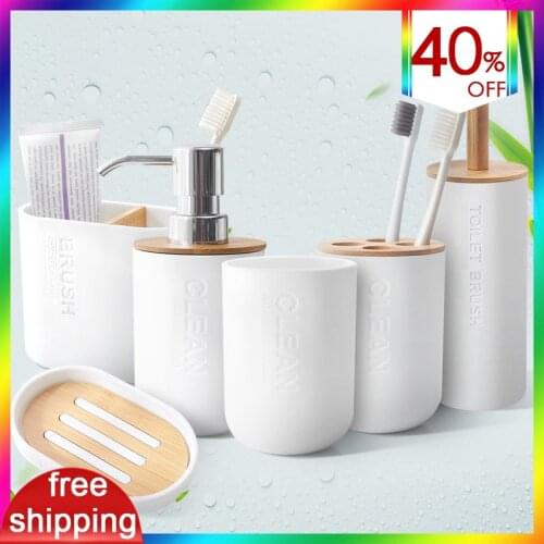 Modern Bathroom Soap Dispenser Set Toothbrush Holder Cup Bathroom Organizer Bamboo Wood Bathroom Accessories