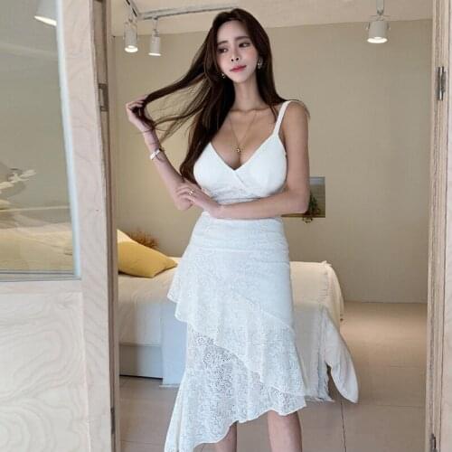 New arrival fashion summer midi beach dress women OL temperament holiday lace sexy v-neck strap slim ruffled mermaid dress