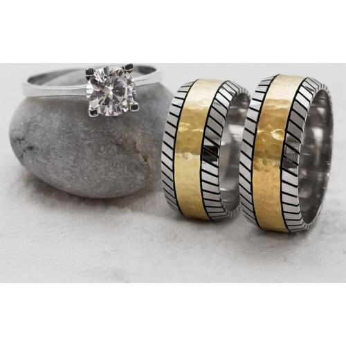 Mid-Gold Color Blackout Motif Double Silver Wedding Ring (Engagement Gift)