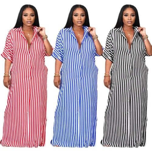 Shirt Dress For Women 2021 Summer New Fashion Casual Half Sleeve Loose Striped Shirt Long Dress Button Maxi African Dresses