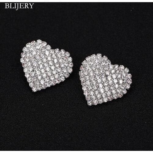 BLIJERY Bling Full Rhinestone Heart Stud Earrings Fashion Silver Color Crystal Statement Big Wedding Earrings Women Jewelry