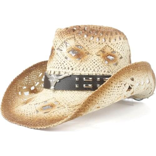 New Straw Hollow Western Cowboy Hat Women Men HandmadePunk Sombrero Hombre Beach Cowgirl Jazz Sun Hat Size 56-58CM