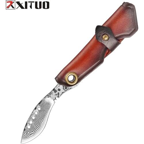 XITUO Fruit Knife Damascus Folding Knife Leather Handle Kitchen Chef Knife Mini Razor Sharp Outdoor Portable Key Pocket Knife
