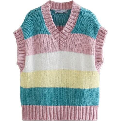 Za 2021 women winter sweet sleeveless V neck Short Knitted Sweaters Striped knitted vest chic female waistcoat Pullovers