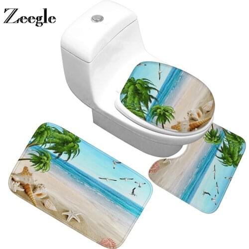 Zeegle Beach Pattern Bathroom Carpet Bath Mat Anti-slip Mat Toilet Bathroom Floor Mats Absorbent Area Rug Shower Room Foot Pad