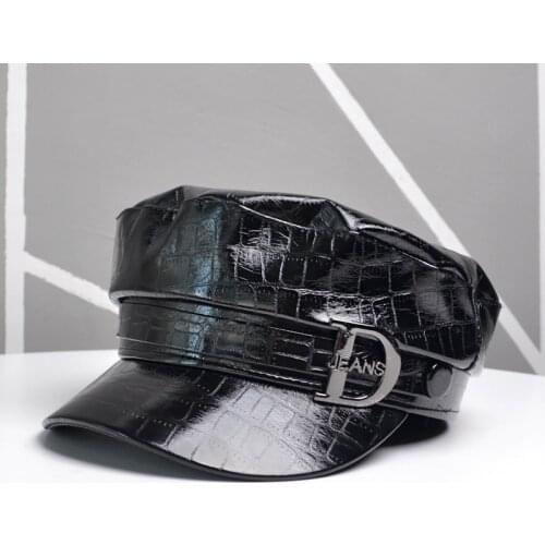 Black Navy Hat Womens Flat Top Hats Womens Bright Leather Snake Cap Leisure Patent Leather Duck Tongue Caps Autumn and Winter