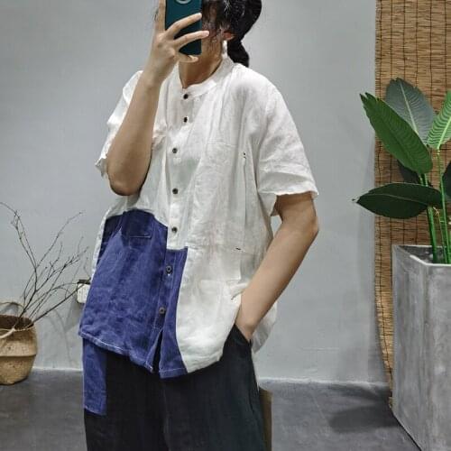 QPFJQD Ladies Summer Autumn Loose Contrast Color Linen Blouse Retro Patchwork Female Flax Irregular Length Top Shirts 2021