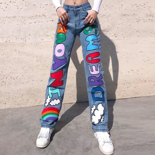 Women Letters Hippie Jeans Rainbow Long Denim Pants Fashion Street Wear Female Clothes Spring Cotton Straight Trousers
