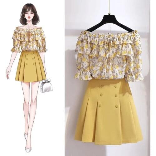 Half-length skirt suit womens plus size summer flared sleeves one-shoulder floral chiffon shirt pleated skirt two-piece set
